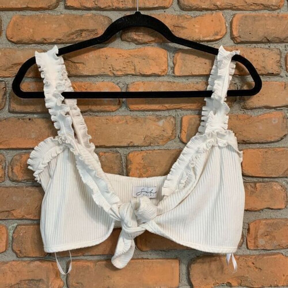 Sabo Skirt Women's Ribbed Lettuce Trim Ruffle Tie‎ Front Crop Top Tank White - L